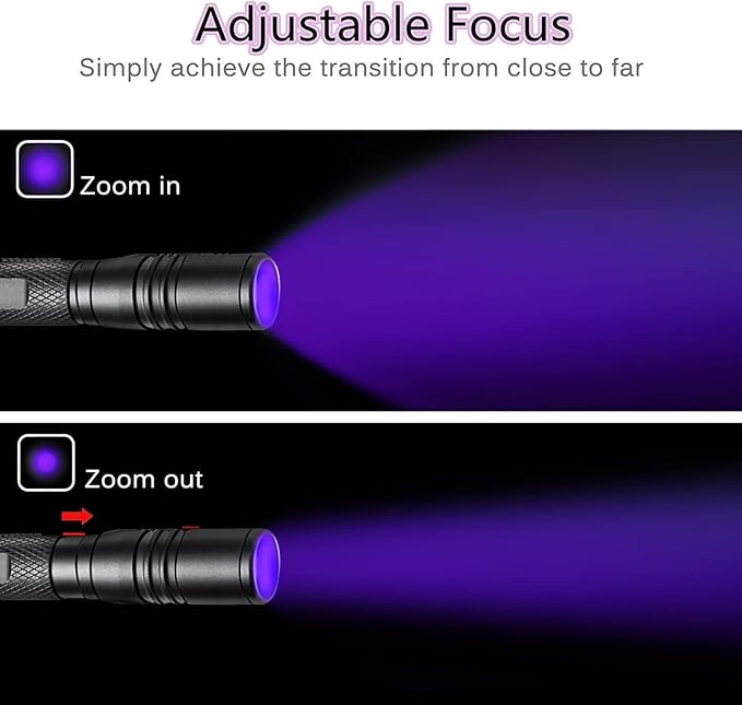 395nm UV Flashlight, Zoomable Blacklight with 2xAAA Battery Ultraviolet Flashlight Pet Urine Detector for Cat Dog Stains, Bed Bug, Household Toilet
