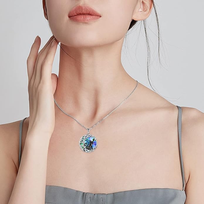 Celtic Moon Black Cat Necklace for Women - Abalone Tree of Life Sterling Silver Cat Lovers Jewelry