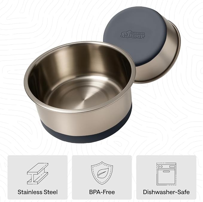 GORILLA GRIP Dog Bowls, Food Grade 304 Stainless Steel, Holds 2 Cups Each (16 fl oz) Food and Water Bowl for Feeding Dogs and Cats, Dishwasher Safe, Rust Resistant, BPA Free Rubber Base Set of 2 Gray