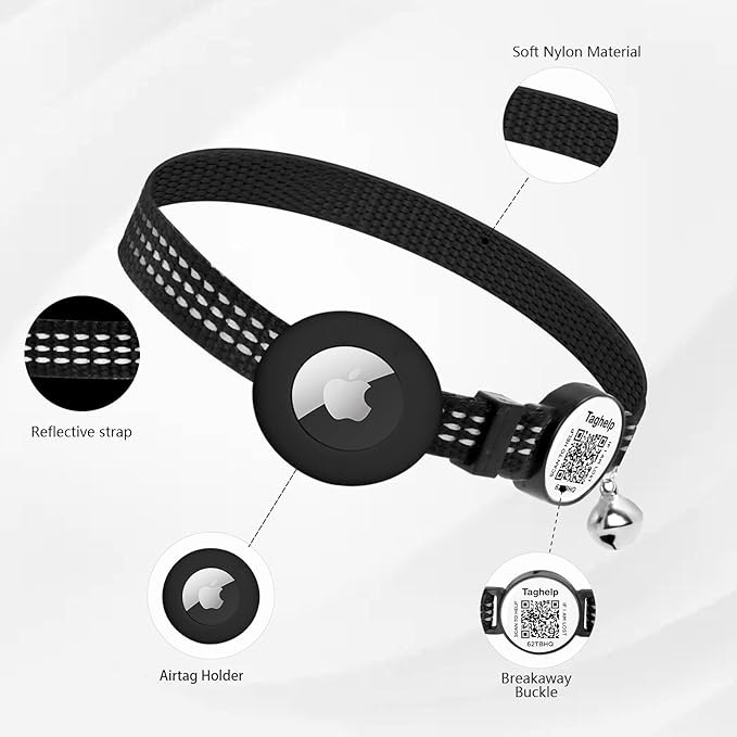 Airtag Cat Collar with Bell and Safety Buckle in 3/8" Width, Reflective Collar with Waterproof Airtag Holder Compatible with Apple Airtag for Cat Dog Kitten Puppy (Black)