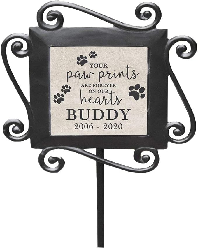 GiftsForYouNow Personalized Paw Prints On Our Hearts Garden Stake, 28' x 8.5', Wrought Iron with Decorated Ceramic Tile