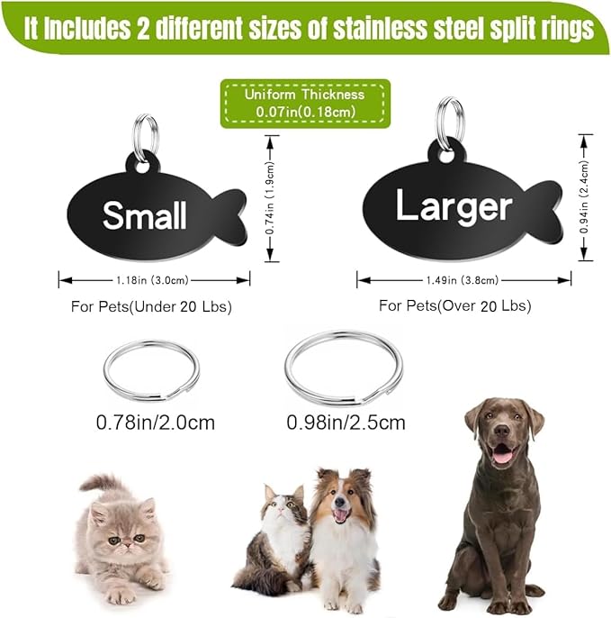 Stainless Steel Cat ID Tag Personalized Pet Tags with up to 4 Lines of Custom Text, Small Pet Mini Dog Cat Tag Lightweight, Engraved on Both Sides, Multiple Patterns Colors Size Options (Fish Icon)