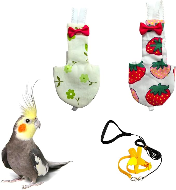 UKJENT Bird Diaper with 78 Inch Flying Leash - 2 Pack, Reusable Flight Suit with Waterproof Inner Layer, Washable Cute Urine Wet Suit for Cockatiel Monk Parakeet Sun Parakeet Lory(M)
