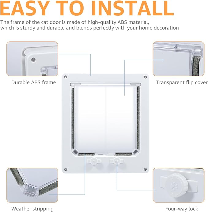 White Plastic Interior Cat Door Easy to Install Upgraded Pet Door with Flap and 4 Way Locking for Interior Doors Medium Cats Kitties
