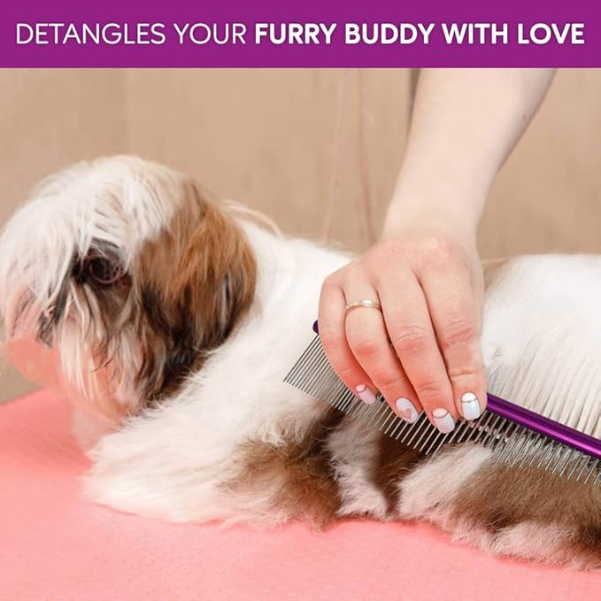 Pet Comb 10 inches Comfortable Grooming Cat Comb with Different-Spaced Rounded Stainless Steel Teeth, Easy Grip and Convenient Grooming Metal Dog Comb for Pets Dog with Medium Coarse Fur - Purple