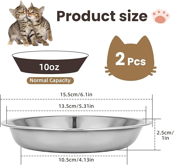 2Pcs Stainless Steel Cat Bowls, Whisker Friendly Metal Pet Food Dishes, Shallow Wide Cat Food Dishes, Flat Cat Food Bowls, Replacement Basic Bowls for Water and Dry Food for Cats Kittens Small Dogs
