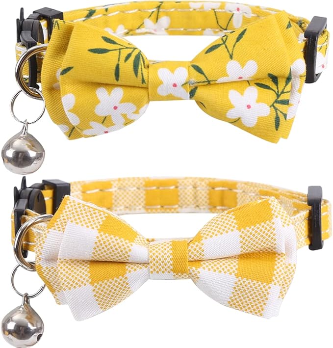 2 Pack/Set Cat Collar Breakaway with Cute Bow Tie and Bell Plaid Flower for Kitty Adjustable Safety