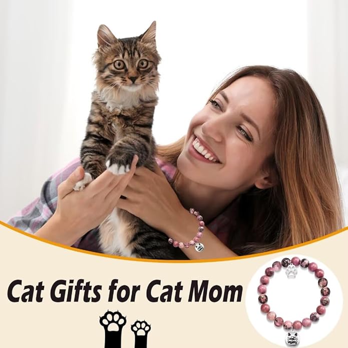 Cat Mom Gifts: Beaded Bracelet Paw Print for Women, Cat Lovers - Birthday, Christmas, Valentine's, New Year