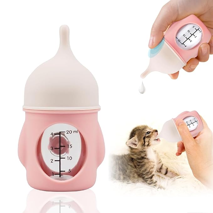 Ergonomic Pet Nursing Bottle,Puppy Bottles for Nursing Puppy Milk - 20ml Slow Flow Kitten Bottle Feeding kit for Newborn Kittens/Puppies/Small Animals, Easy-Clean Silicone Feeder (‌Pink‌)