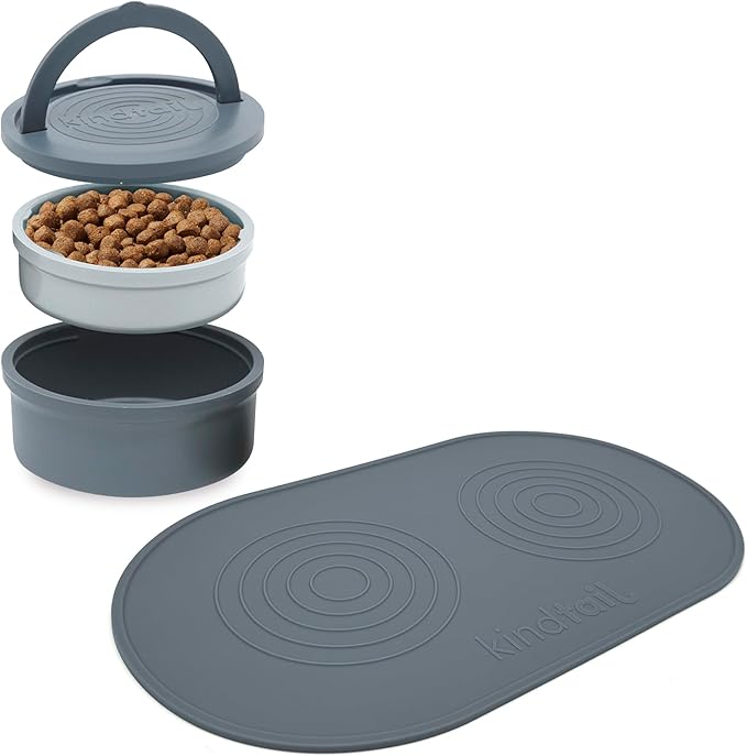 KindTail Pet Bowl Set + Silicone Pet Food Mat - Includes 2 Portable Dog Bowls with Lid & Handle + 1 Waterproof Pet Feeding Mat - Made from Food-Grade, Dishwasher-Safe Materials - BPA & Toxin-Free