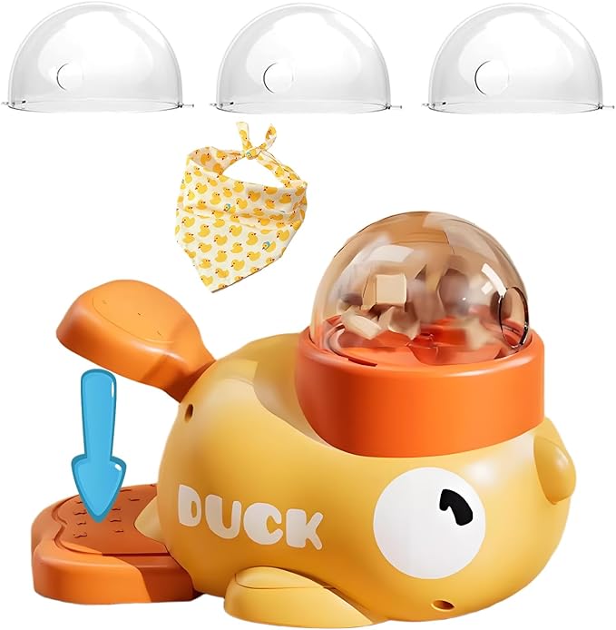 Yellow Duck Cat Feeder Toy with Duck Bib, Interactive Treat Dispenser for Cats & Small Dogs with 3 Adjustable Lids, Puzzle Toy for Slower Eating and Indoor Play