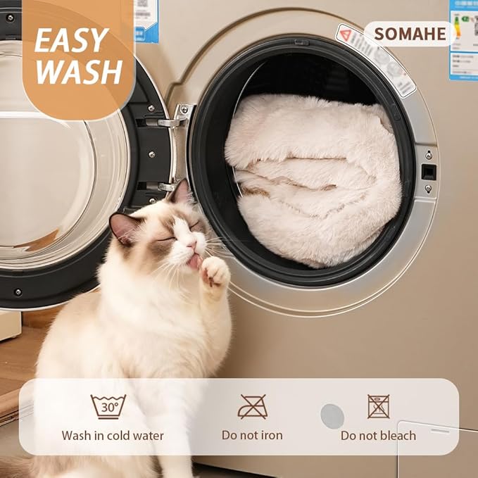 Self-Warming Cat Bed, Plush Faux Fur Pet Bed Mat with Anti-Slip Bottom, Ultra Soft Heated Pad for Cats & Kittens, Cozy Fluffy Bed for Window & Sills Couches, Machine Washable, 23x15 Inch White