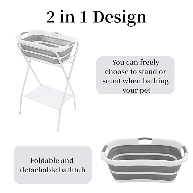 2 in 1 Dog Bathtub Small Pet Bathtub with Stand, Foldable Pet Bath with Drainage Tube, Portable Dog Washing Station for Small Dogs Cats, Indoor & Outdoor, 110.23lbs Load, 26'' L×16.5‘’ W×38.8'' H