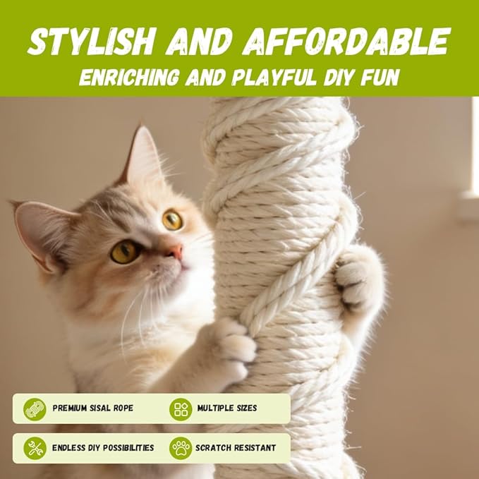 Natural Sisal Rope for Cat Scratcher Replacement, Durable Cat Tree Post Repair Cord for DIY Projects, Climbing Towers, Furniture Protection, Scratch Pad, Crafts, Garden, and Home Décor Use