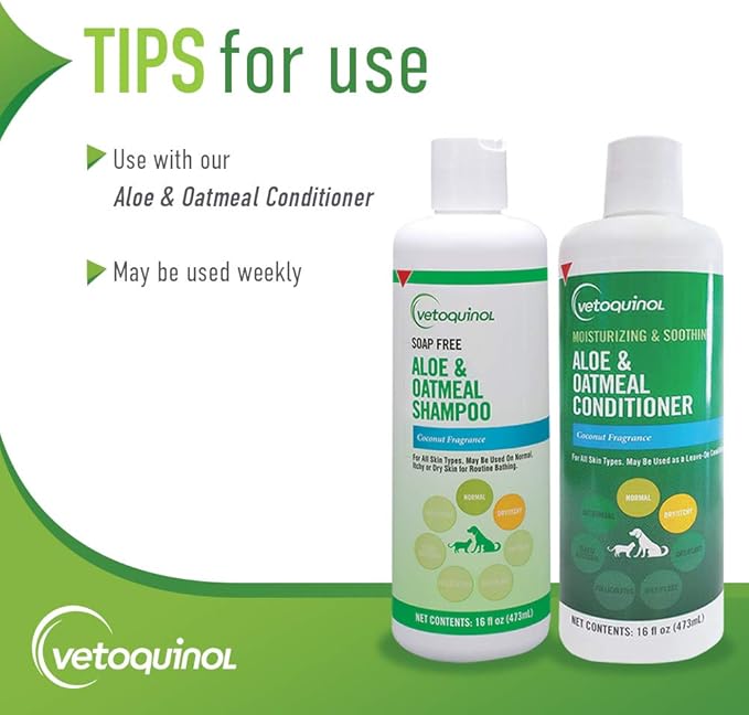 Vetoquinol Aloe & Oatmeal Shampoo - Gentle & Moisturizing Formula for Dogs & Cats - Pet Shampoo for Deep Cleansing - Paraben-Free Coat Care for All Skin Types - 16oz