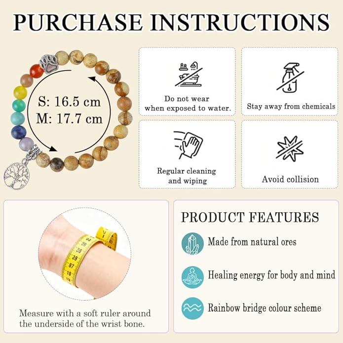 Pet Memorial Gifts, Sympathy Gift for Loss of Dogs and Cats, Chakra Rainbow Bridge Bracelet for Women Men Who Lost Pets