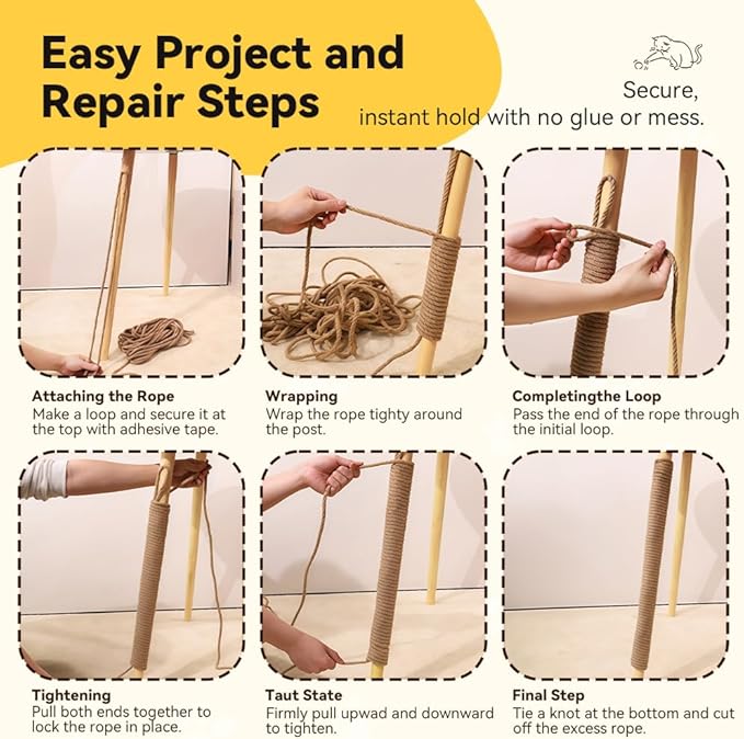 Natural Sisal Rope for Cat Scratcher Replacement, Durable Cat Tree Post Repair Cord for DIY Projects, Climbing Towers, Furniture Protection, Scratch Pad, Crafts, Garden, and Home Décor Use