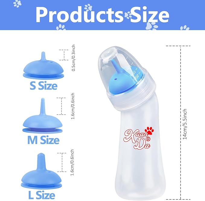 Pet Feeding Bottle,3 Pack Wide Mouth Angled Nursing Bottle, 3 Sizes Nipples with Ventilation Valve Resistant Tearing Perfect for Puppies, Kittens, Small Wildlife（Blue）
