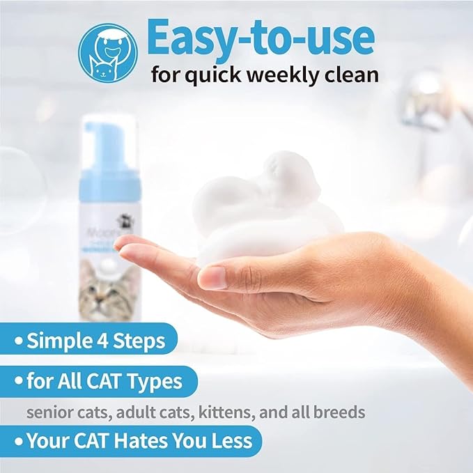 Mooncat Cat Grooming Essentials Bundle – Waterless No-Rinse Foam Shampoo with Brush (5oz) + Cat Ear Cleaner Finger Wipes (40ct) | Licking Safe, Paraben-Free, Dander Reducing & pH Balanced | Deep Ear W