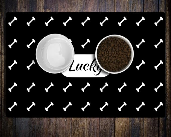 Personalized Dog Cat Food Mat - PU Non-Slip Bottom, Waterproof, Custom Pet Bowl Mat for Food and Water (Bone)