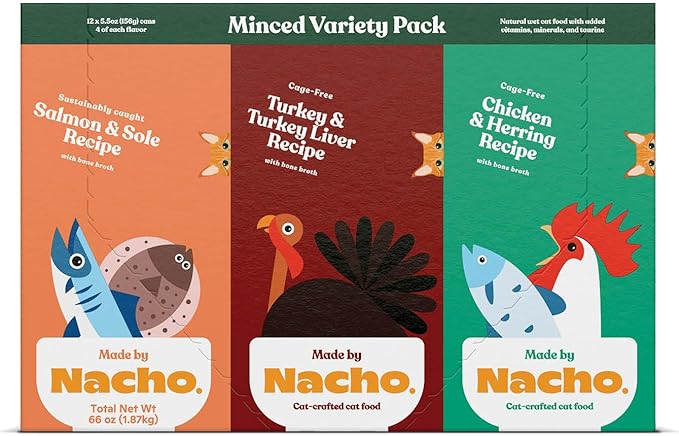 Made by Nacho Premium Minced Wet Canned Cat Food with Hydrating Bone Broth 5.5oz (12 Packs) (Variety Pack (Turkey & Turkey Liver, Chicken & Herring, and Salmon & Sole))