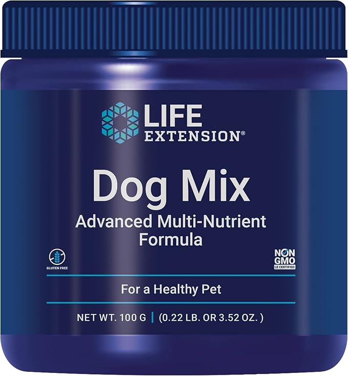 Life Extension Dog Mix, Dog Vitamins and Supplements, probiotics, L-carnitine, B12, folic Acid, Vitamin C, Vitamin E, Rosemary, Nutrient Absorption, Gluten-Free, Non-GMO, 60 Servings