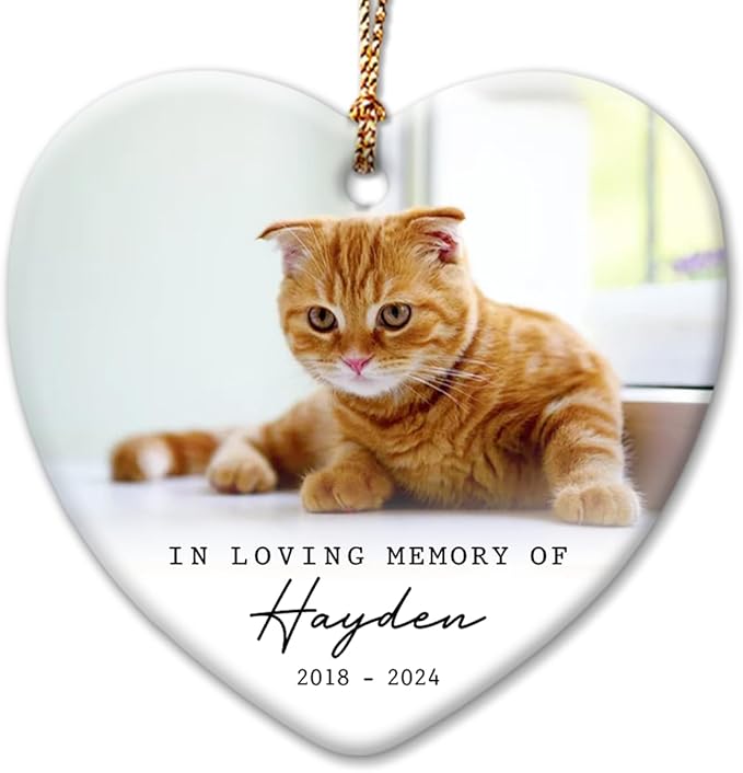 Cat Memorial Ornament - Personalized Ornaments in Loving Memory of Cats - Kitten Loss Bereavement Gift - Sympathy Keepsake for Pet, Cat Owners - Custom Decoration Heart Shaped