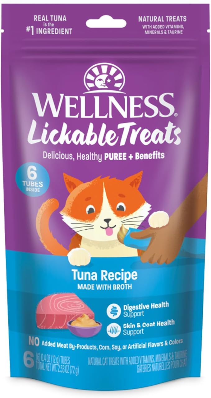 Wellness Lickable Soft Puree Cat Treats, All Lifestages, Kitten to Senior, Natural, Grain Free, Tuna Flavor, 0.4 oz, Pack of 6 Tubes