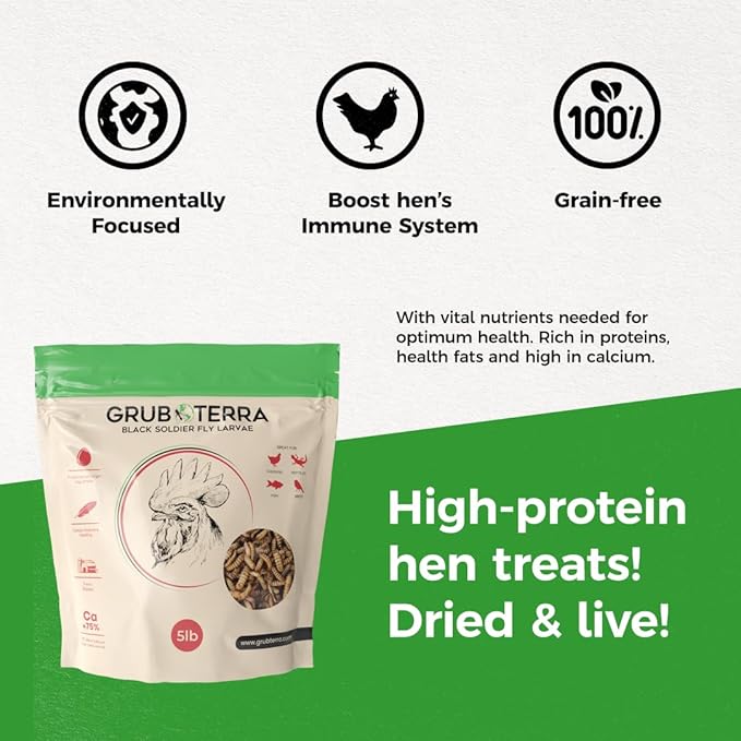 GrubTerra Black Soldier Fly Larvae for Chickens – Dried BSFL Poultry Treat, High Protein Calcium Feed Supplement for Laying Hens, Backyard Chickens, Sourced from Mexico, Not from China - 2LB