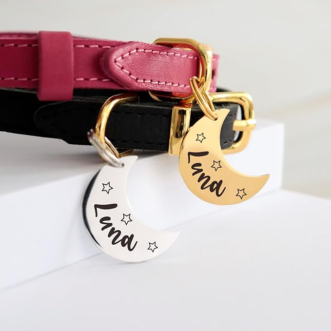 Custom Moon Pet Tag ID, Personalized Stainless Steel Cute Shiny Bling Stars Collar Tag Lost Boy & Girl Dogs Puppies Cats & Ring Engraved SOS Customizable with Owner Information Name, Phone, Address
