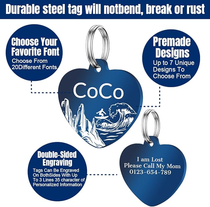 Personalized Dog Tags, Stainless Steel Pet Tags Personalized Cat, Collar Charm Engraved on Both Sides, up to 4 Lines of Custom Text, Multiple Patterns Colors Size Options (Beach, XSmall)