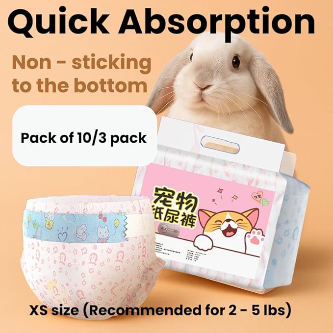 Leakproof Bunny Diapers – Disposable Pet Diaper for Rabbits, Great for Incontinence, Surgery, and Potty Accidents (Pack of 10/3 Pack,XS Size (Recommended for 2-5 lbs))