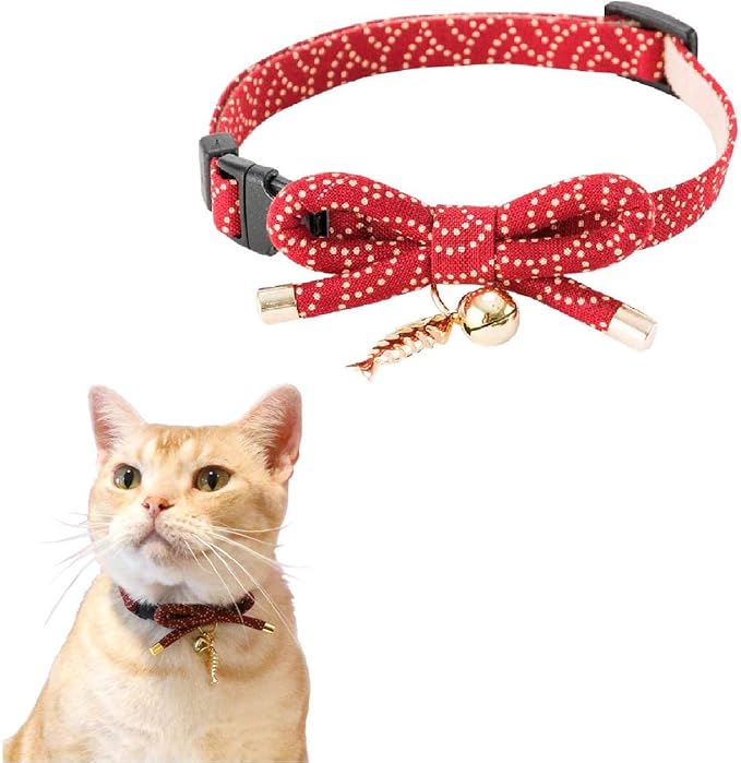 Necoichi Zen Fish Charm Cat Collar (Red) with Bell Safety Breakaway Soft Lightweight for Cats Kitty Kitten Japanese Stylish Pattern, No.1 Seller in Japan