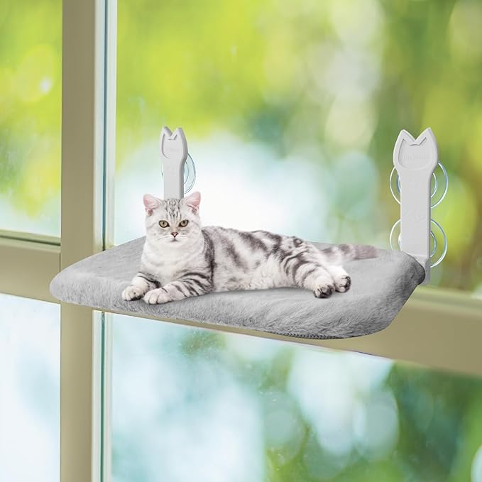 2 Pack Cat Window Perch,Cat Window Hammock Cordless Foldable Window Bed with 4 Large Strong Suction Cup,Reversible Cushion Cover,Metal Frame Easy to Adjust Window Seat Holds up to 40lbs(Gray，M)