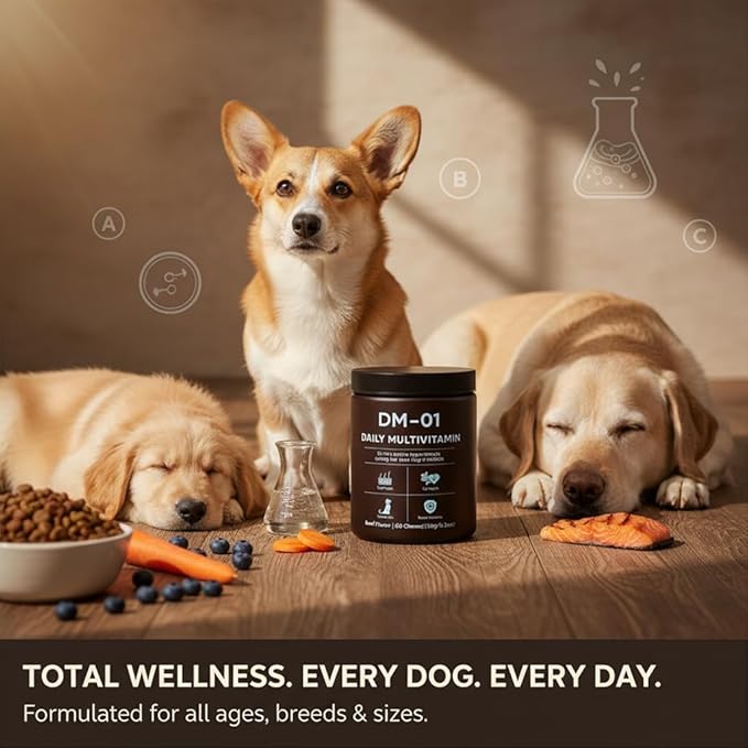 DM-01 Daily Multivitamin, Multivitamin Itch Relief Chews for Dog, with Folic Acid, Salmon Oil, Chondroitin & Natural Vitamins, Skin and Coat Healthy, Digestive & Boost Immunity, 60 Chew (Beef)