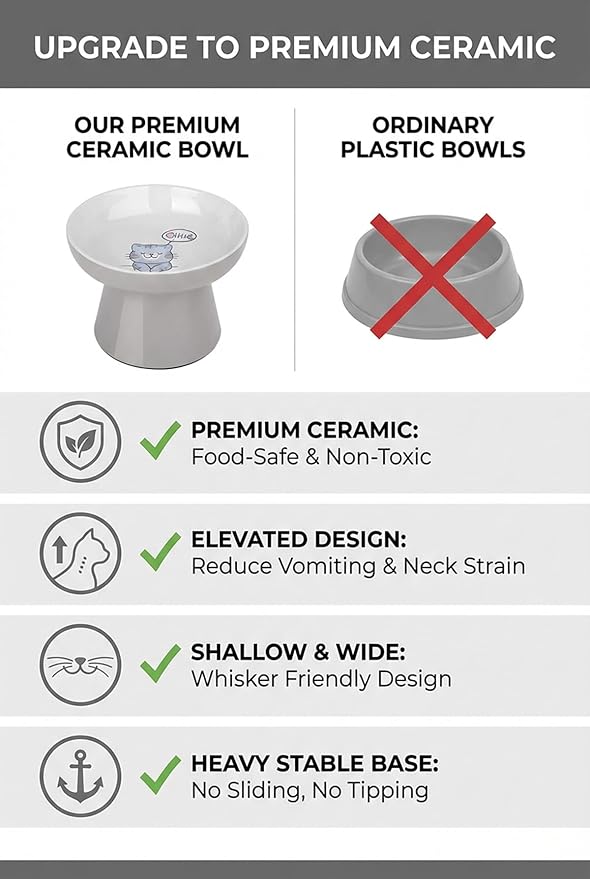 Ceramic Raised Cat Bowl, Elevated Cat Food Bowl with Non-Slip Base,Whisker Friendly Shallow Feeder for Dry & Wet Food, Dishwasher Safe, Anti Vomiting (Grey)