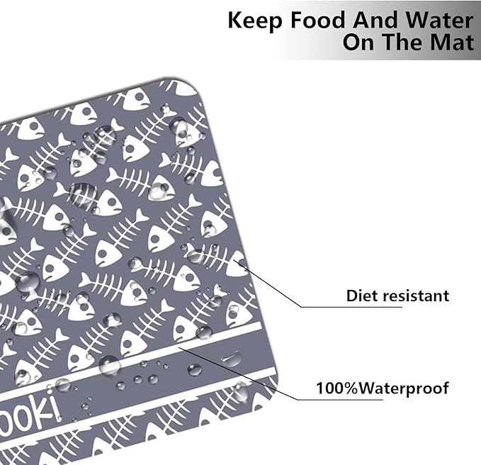 Personalized Dog Cat Food Mat PU Non-Slip at The Bottom Dog Bowl Mat Dog Mat for Food and Water Custom Pet Dog Food Mats for Floors Waterproof (Fish Bone)