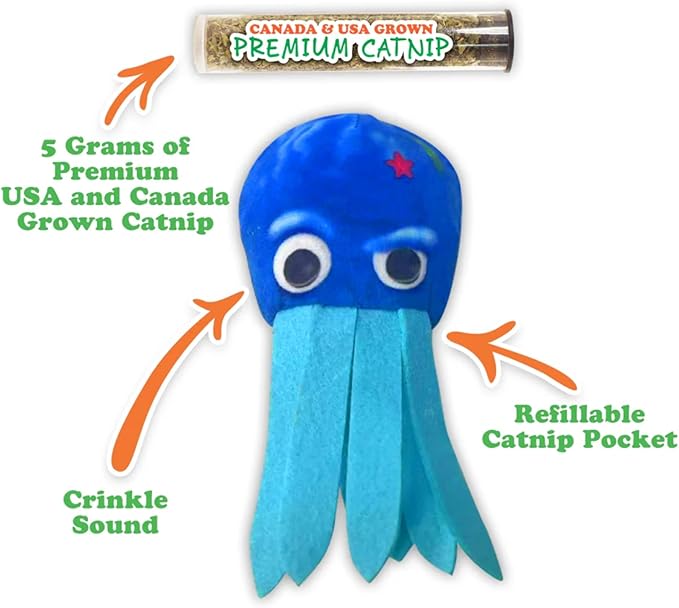 Meowijuana Purrfect Pairing Jump 'n' Jamb Squid Door Hanging Cat Toy and Get Tangled Octopus | Refillable Interactive Catnip Toy | Includes Potent Catnip Grown in North America