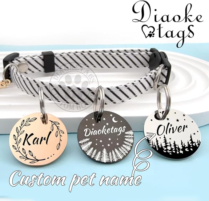 Stainless Steel Cat ID Tag Personalized Pet Tags with up to 4 Lines of Custom Text, Small Pet Mini Dog Cat Tag Lightweight, Engraved on Both Sides, Multiple Patterns Colors Size Options