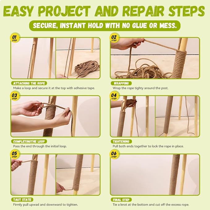 Natural Sisal Rope for Cat Scratcher Replacement, Durable Cat Tree Post Repair Cord for DIY Projects, Climbing Towers, Furniture Protection, Scratch Pad, Crafts, Garden, and Home Décor Use