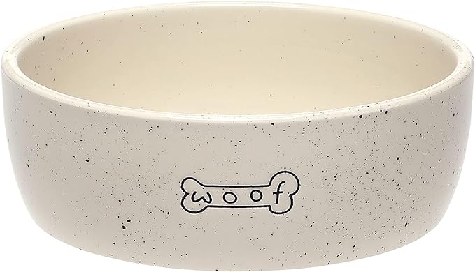 Pearhead Ceramic Dog Bowl – “Woof” Speckled Pet Food & Water Dish, Durable Stoneware, Non-Slip Heavy Base, 20 oz, Medium