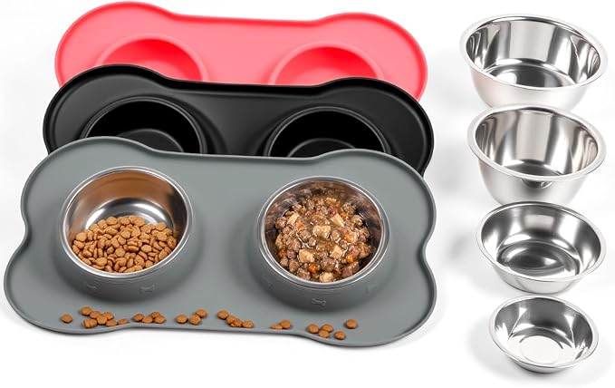 Dog Bowls with Non-Slip Silicone Mat, Spill Proof Large Food & Water Bowls Set, Easy Clean Dog Food Dish, Dishwasher Safe, Suitable for Dogs Cats Pet Under 90lbs, Large, Grey