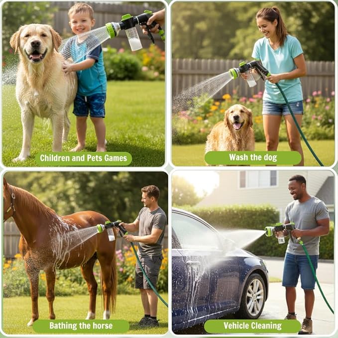 Dog Washing Hose Attachment, 10 Spray Modes and Adjustable Water Pressure Garden Hose Nozzle with Soap Dispenser for Dog Cat Bathing, Also Adopted in Watering Flowers, Pet Wash