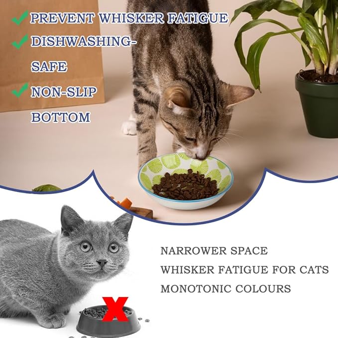 HAPPY KIT 2pcs Little Cat Bowls,5.7 inch Food Bowl for Indoor Cats，Ceramic Wide Shallow Bowl for Relief Whisker Friendly,8.5oz Cats Dish/Dishes with Non-Slip Mat, 2 Stamen