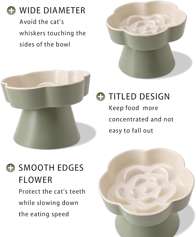 Tilted Cat Bowl, Flower-Shaped Ceramic Slow Feeder Cat Bowl, Raised Pet Bowl for Whisker Relief, Prevents Vomiting & Bloating, Non-Slip Base, Easy to Clean for Dry/Wet Food (Cream & Mint Green)