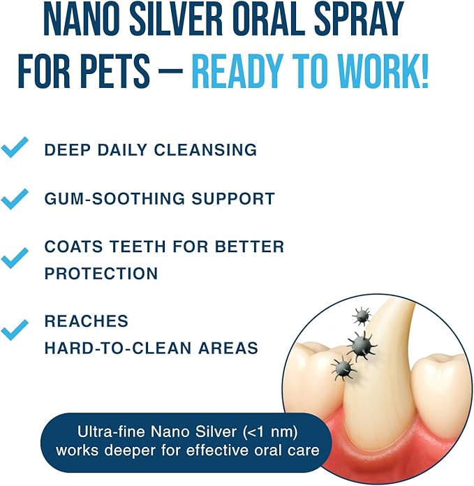 Pet Dental Care Spray for Dogs & Cats, 8 Oz, Breath Freshener & Oral Hygiene Solution with Nano Silver & Tartar Buildup Support, Teeth Cleaning Gum Spray, Gentle Formula, No Brushing