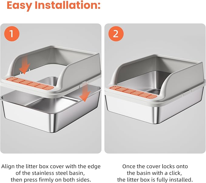 Stainless Steel Cat Litter Box, Metal Kitty Litter Box Includes Litter Mat & Scoop, Easy Cleaning Anti-Scratch Kitty Cat Box Anti-Urine Leakage, Non-Sticky, Perfect for Small Cats, Light Gray