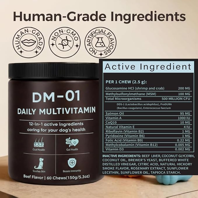 DM-01 Daily Multivitamin, Multivitamin Itch Relief Chews for Dog, with Folic Acid, Salmon Oil, Chondroitin & Natural Vitamins, Skin and Coat Healthy, Digestive & Boost Immunity, 60 Chew (Beef)