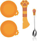 SJANE Cat Food Can Spoons & Can Lids | 4 Pcs | Multi-function Opener | Silicone Pet Food Covers | Stainless Steel Wet Food Spoon for Cats and Dogs(Orange)