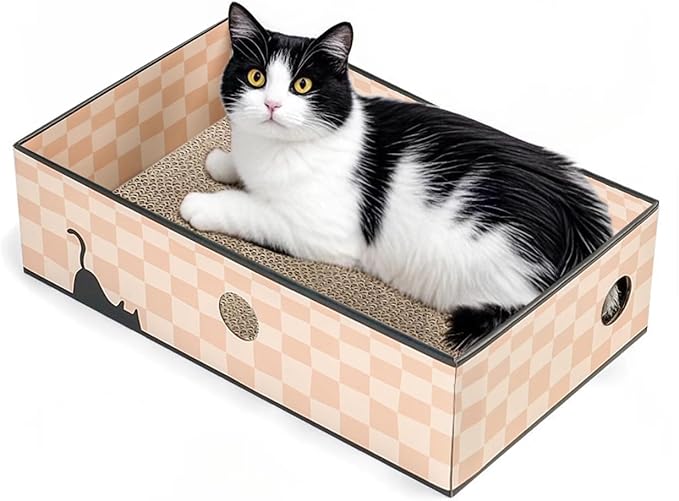 Conlun Cat Scratcher Box with 3-Layer Corrugated Board, Heavy-Duty Double-Sided Cardboard Cat Bed, Interactive Hole Design, Checkered, Large